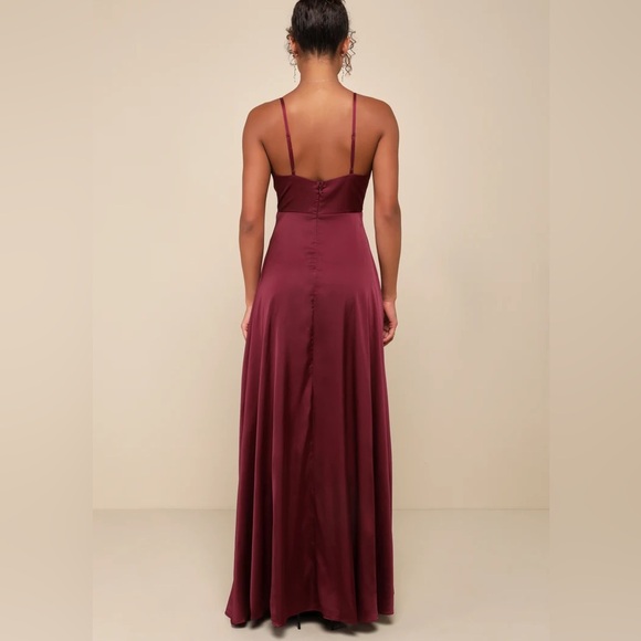 Lulu’s Ode To Love Faux Wrap Sleeveless Satin Maxi Dress Full Skirt Burgundy M - Picture 3 of 12